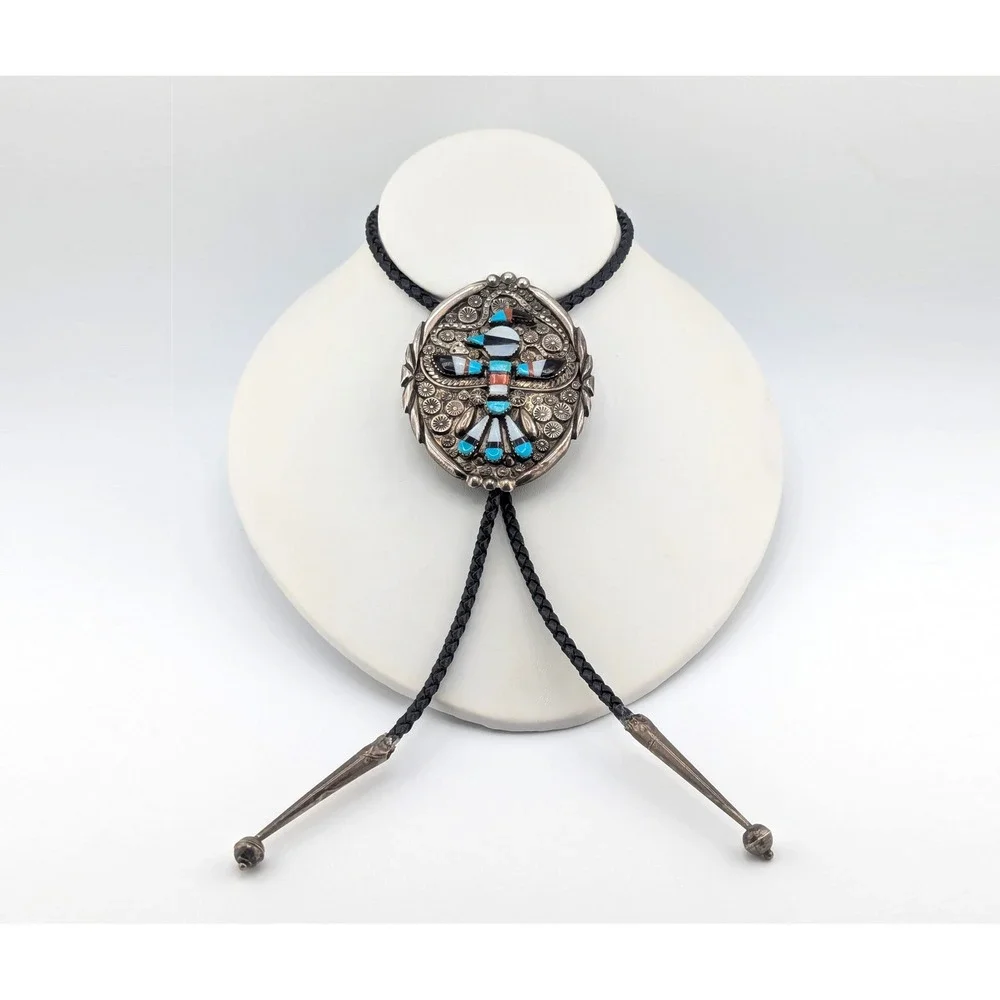 Rare Vintage Bolo Tie Museum Piece Leather Sterling Silver Southwest Accessory *